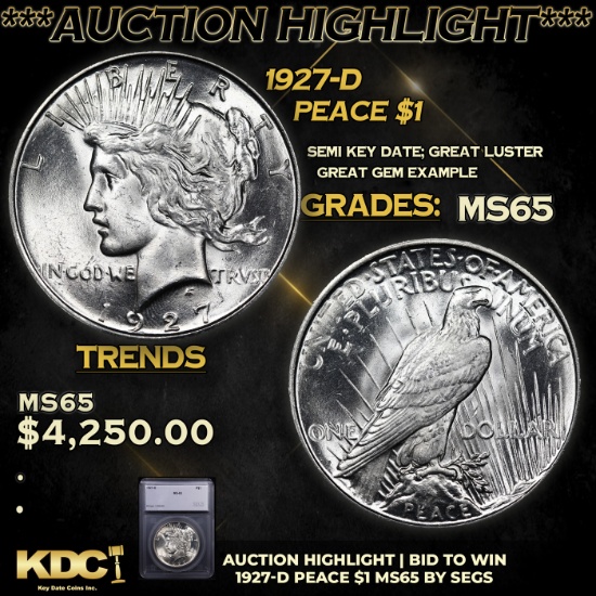 ***Auction Highlight*** 1927-d Peace Dollar $1 Graded ms65 BY SEGS (fc)