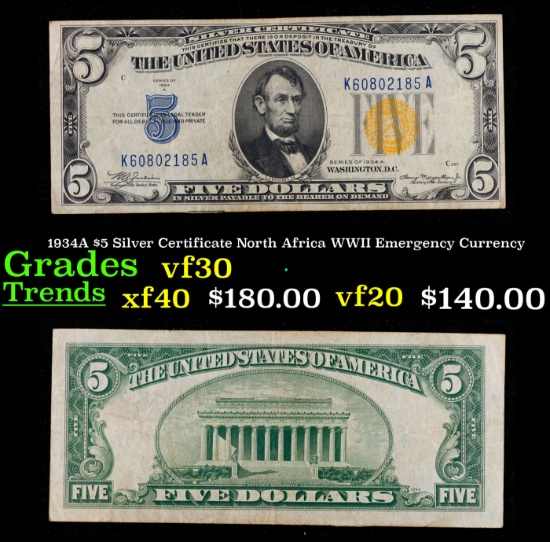 1934A $5 Silver Certificate North Africa WWII Emergency Currency Grades vf++