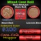 Mixed small cents 1c orig shotgun roll, 1939-d Lincoln Cent, Wheat Cent other end, Brandt Coca Cola