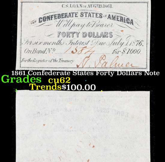 1861 Confederate States Forty Dollars Note Grades Select CU