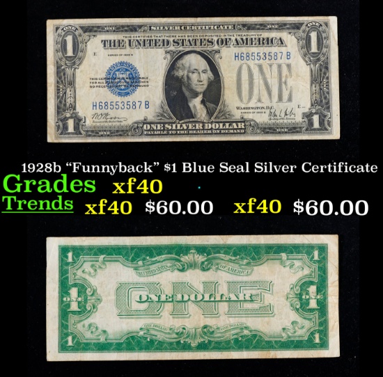 1928b "Funnyback" $1 Blue Seal Silver Certificate Grades xf