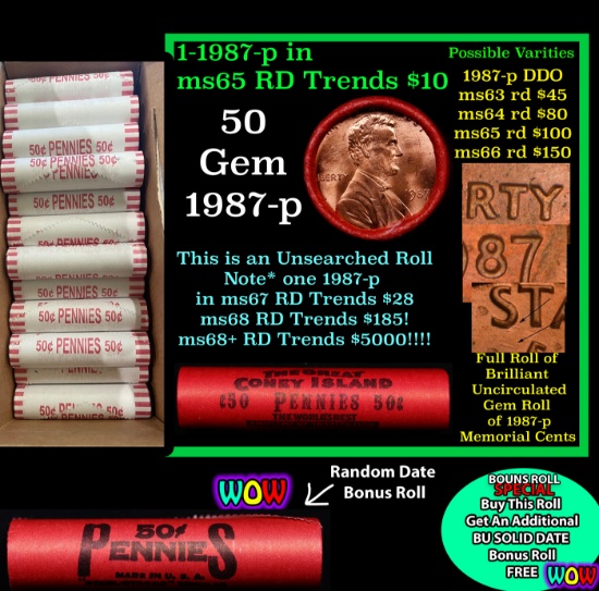 THIS AUCTION ONLY! BU Shotgun Lincoln 1c roll, 1987-p 50 pcs Plus one bonus random date BU roll! Ban