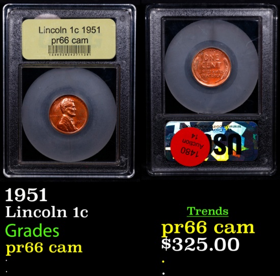 Proof 1951 Lincoln Cent 1c Graded GEM+ Proof Cameo By USCG