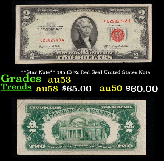 **Star Note** 1953B $2 Red Seal United States Note Grades Select AU