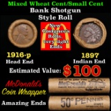 Small Cent Mixed Roll Orig Brandt McDonalds Wrapper, 1916-p Lincoln Wheat end, 1897 Indian other end