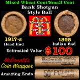 Mixed small cents 1c orig shotgun roll, 1917-s Lincoln Cent,1898 Indian Cent other end, McDonalds Br