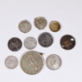 Group of 10 Coins, 3x 1/4 Bolivar, 2x Sixpence, 500 Lire, 2x Threepence, 2 Fiorint