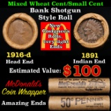 Small Cent 1c Mixed Roll Orig Brandt McDonalds Wrapper, 1916-d Wheat end, 1891 Indian other end