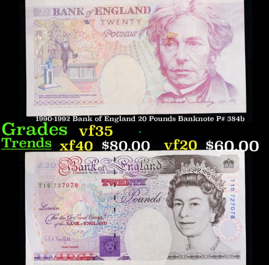 1990-1992 Bank of England 20 Pounds Banknote P# 384b Grades vf++