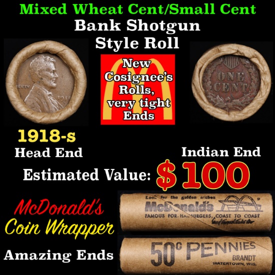 Small Cent Mixed Roll Orig Brandt McDonalds Wrapper, 1918-s Lincoln Wheat end,  Indian other end, 50