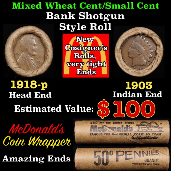 Lincoln Wheat Cent 1c Mixed Roll Orig Brandt McDonalds Wrapper, 1918-p end, 1903 Indian other end