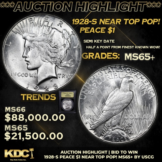 ***Auction Highlight*** 1928-s Peace Dollar Near Top Pop! $1 Graded GEM+ Unc BY USCG (fc)