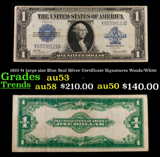 1923 $1 large size Blue Seal Silver Certificate Grades Select AU Signatures Woods/White