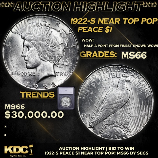 ***Auction Highlight*** 1922-s Peace Dollar Near Top Pop! $1 Graded ms66 BY SEGS (fc)
