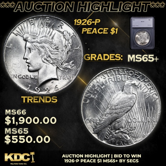 ***Auction Highlight*** 1926-p Peace Dollar $1 Graded ms65+ By SEGS (fc)