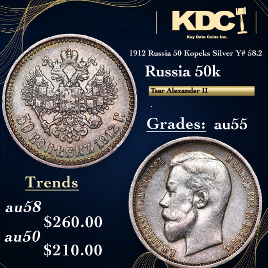 1912 Russia 50 Kopeks Silver Y# 58.2 Grades Choice AU