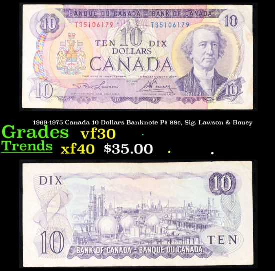 1969-1975 Canada 10 Dollars Banknote P# 88c, Sig. Lawson & Bouey Grades vf++