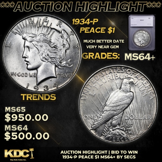 ***Auction Highlight*** 1934-p Peace Dollar $1 Graded ms64+ BY SEGS (fc)