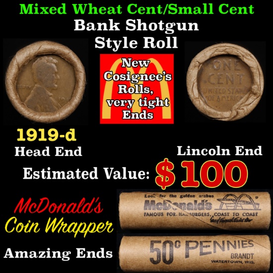 Lincoln Wheat Cent 1c Mixed Roll Orig Brandt McDonalds Wrapper, 1919-d end, Wheat other end