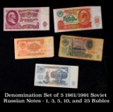 Denomination Set of 5 1961/1991 Soviet Russian Notes - 1, 3, 5, 10, and 25 Rubles Grades