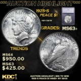 ***Auction Highlight*** 1925-s Peace Dollar $1 Graded ms63+ BY SEGS (fc)