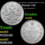 1911 Russia 15 Kopeks Silver Y# 21a.2 Grades Select Unc