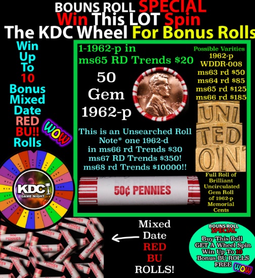 1-10 FREE BU RED Penny rolls with win of this 1962-p SOLID RED BU Lincoln 1c roll incredibly FUN whe