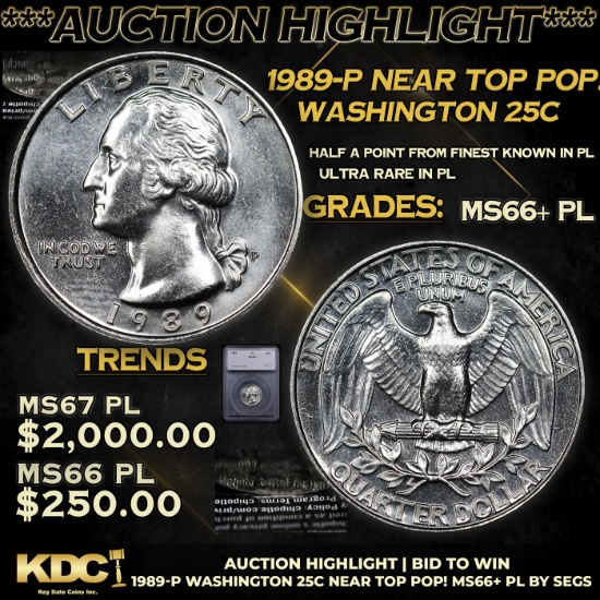 ***Auction Highlight*** 1989-p Washington Quarter Near Top Pop! 25c Graded ms66+ PL By SEGS (fc)