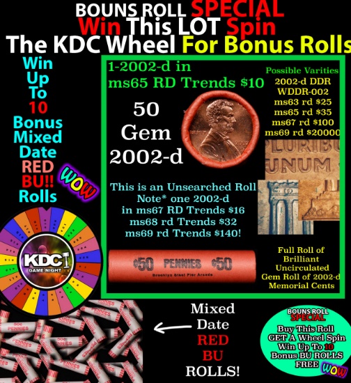CRAZY Penny Wheel Buy THIS 2002-d solid Red BU Lincoln 1c roll & get 1-10 BU Red rolls FREE WOW