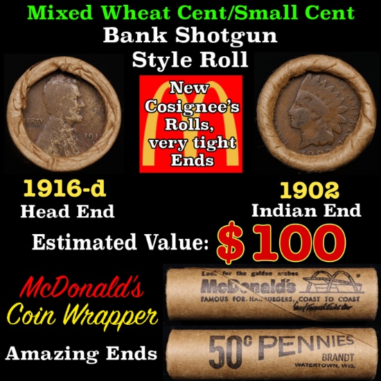 Lincoln Wheat Cent 1c Mixed Roll Orig Brandt McDonalds Wrapper, 1916-d end, 1902 Indian other end