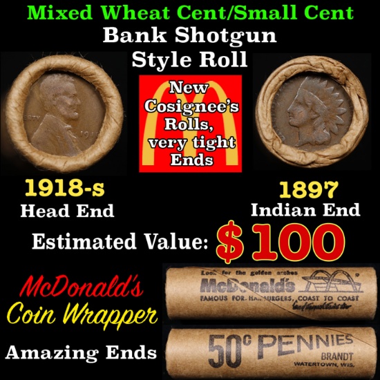 Small Cent Mixed Roll Orig Brandt McDonalds Wrapper, 1918-s Lincoln Wheat end, 1897 Indian other end