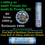 BU Shotgun Jefferson 5c roll, 1999-p 40 pcs Dunbar $2 Nickel Wrapper