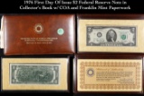 1976 First Day Of Issue $2 Federal Reserve Note in Collector's Book w/ COA and Franklin Mint Paperwo