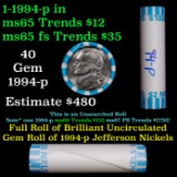 BU Shotgun Jefferson 5c roll, 1994-p 40 pcs Bank $2 Nickel Wrapper