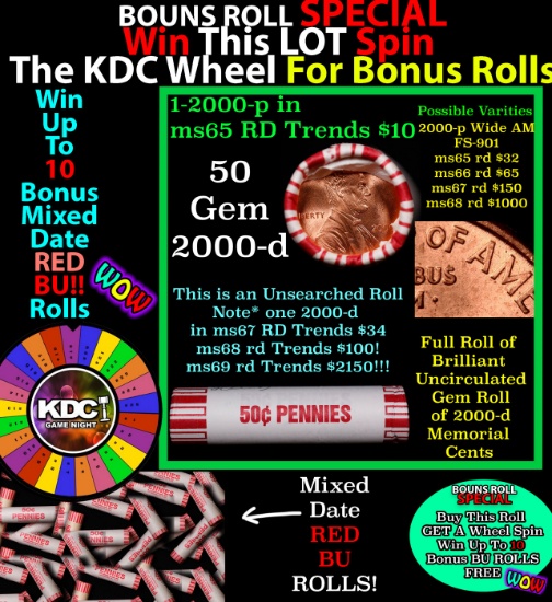 1-10 FREE BU RED Penny rolls with win of this 2000-p SOLID RED BU Lincoln 1c roll incredibly FUN whe