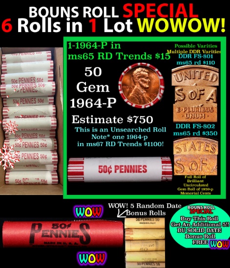 THIS AUCTION ONLY! BU Shotgun Lincoln 1c roll, 1964-p 50 pcs Plus FIVE bonus random date BU roll! Ba