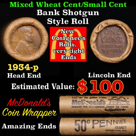 Lincoln Wheat Cent 1c Mixed Roll Orig Brandt McDonalds Wrapper, 1934-p end, Wheat other end