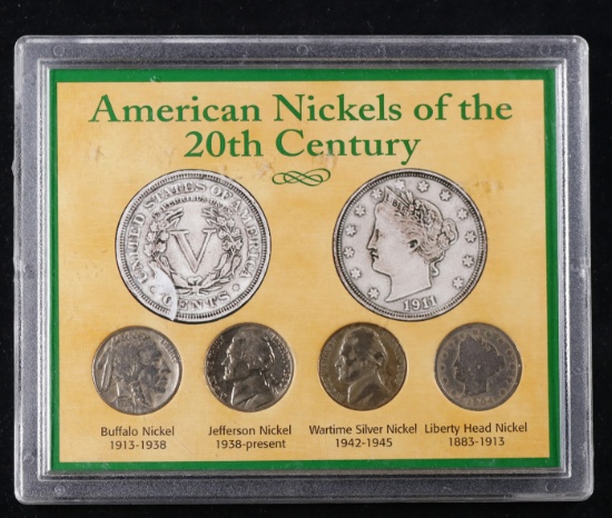 American Nickels of the 20th Century Four Nickel Set, Buffalo, Liberty, Jefferson, Silver Wartime