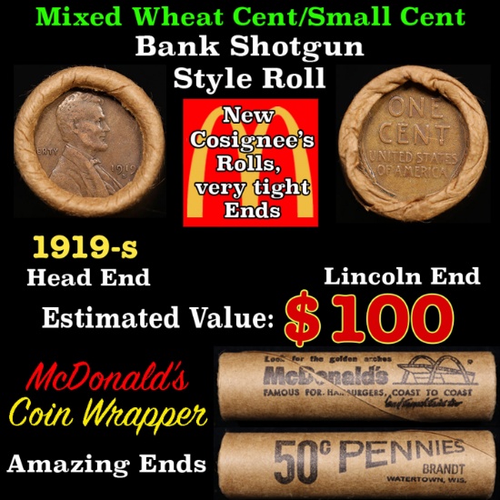 Mixed small cents 1c orig shotgun roll, 1919-s Lincoln Cent,wheat Cent other end, McDonalds Brandt W