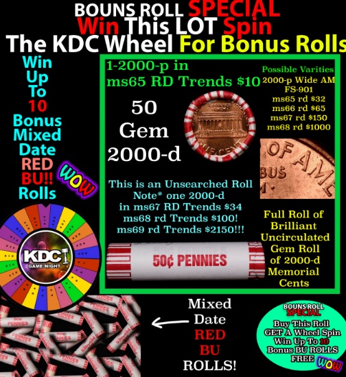 CRAZY Penny Wheel Buy THIS 2000-p solid Red BU Lincoln 1c roll & get 1-10 BU Red rolls FREE WOW