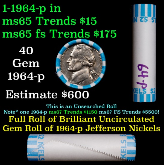 BU Shotgun Jefferson 5c roll, 1964-p 40 pcs Bank $2 Nickel Wrapper OBW