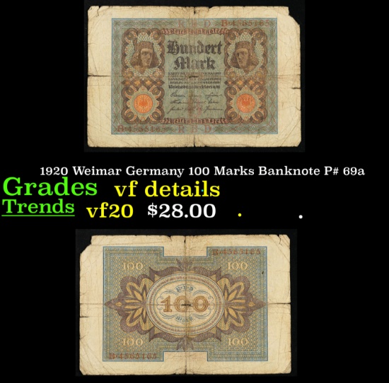 1920 Weimar Germany 100 Marks Banknote P# 69a Grades vf details