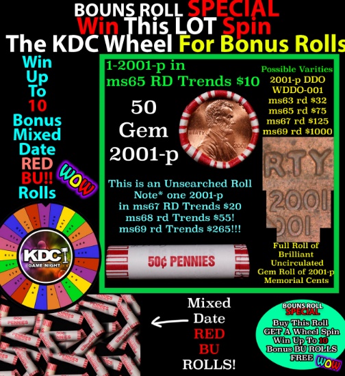 1-10 FREE BU RED Penny rolls with win of this 2001-p SOLID RED BU Lincoln 1c roll incredibly FUN whe