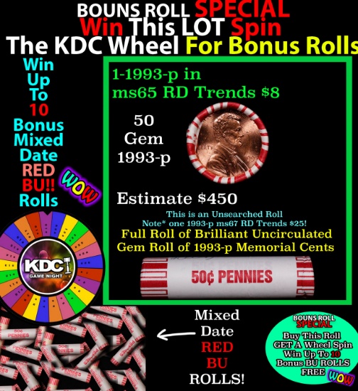 CRAZY Penny Wheel Buy THIS 1993-p solid Red BU Lincoln 1c roll & get 1-10 BU Red rolls FREE WOW