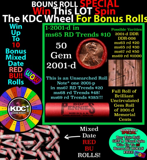 CRAZY Penny Wheel Buy THIS 2001-d solid Red BU Lincoln 1c roll & get 1-10 BU Red rolls FREE WOW