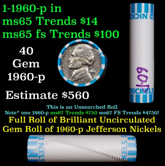 BU Shotgun Jefferson 5c roll, 1960-p 40 pcs Bank $2 Nickel Wrapper OBW