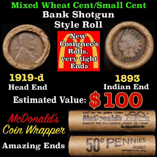 Lincoln Wheat Cent 1c Mixed Roll Orig Brandt McDonalds Wrapper, 1919-d end, 1893 Indian other end