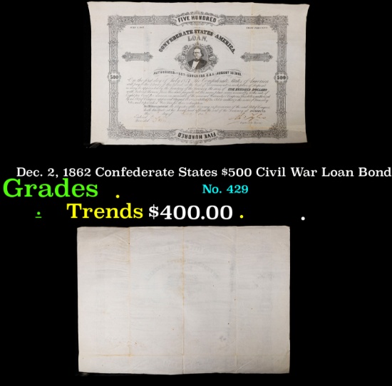 Dec. 2, 1862 Confederate States $500 Civil War Loan Bond Grades