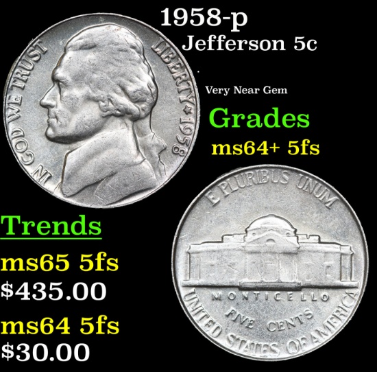 1958-p Jefferson Nickel 5c Grades Choice Unc+ 5fs