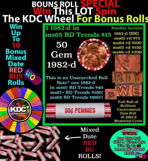 CRAZY Penny Wheel Buy THIS 1982-d solid Red BU Lincoln 1c roll & get 1-10 BU Red rolls FREE WOW